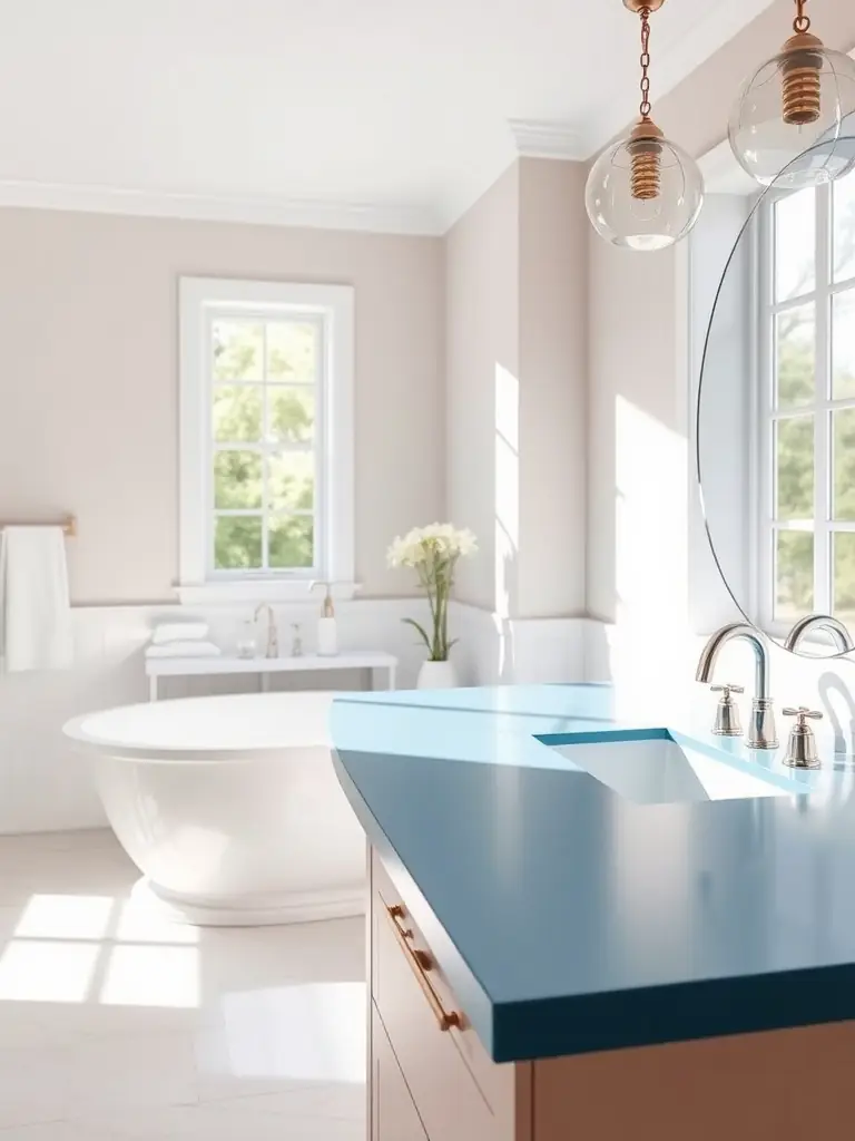 A bright bathroom featuring a solid surface countertop with vibrant color options.