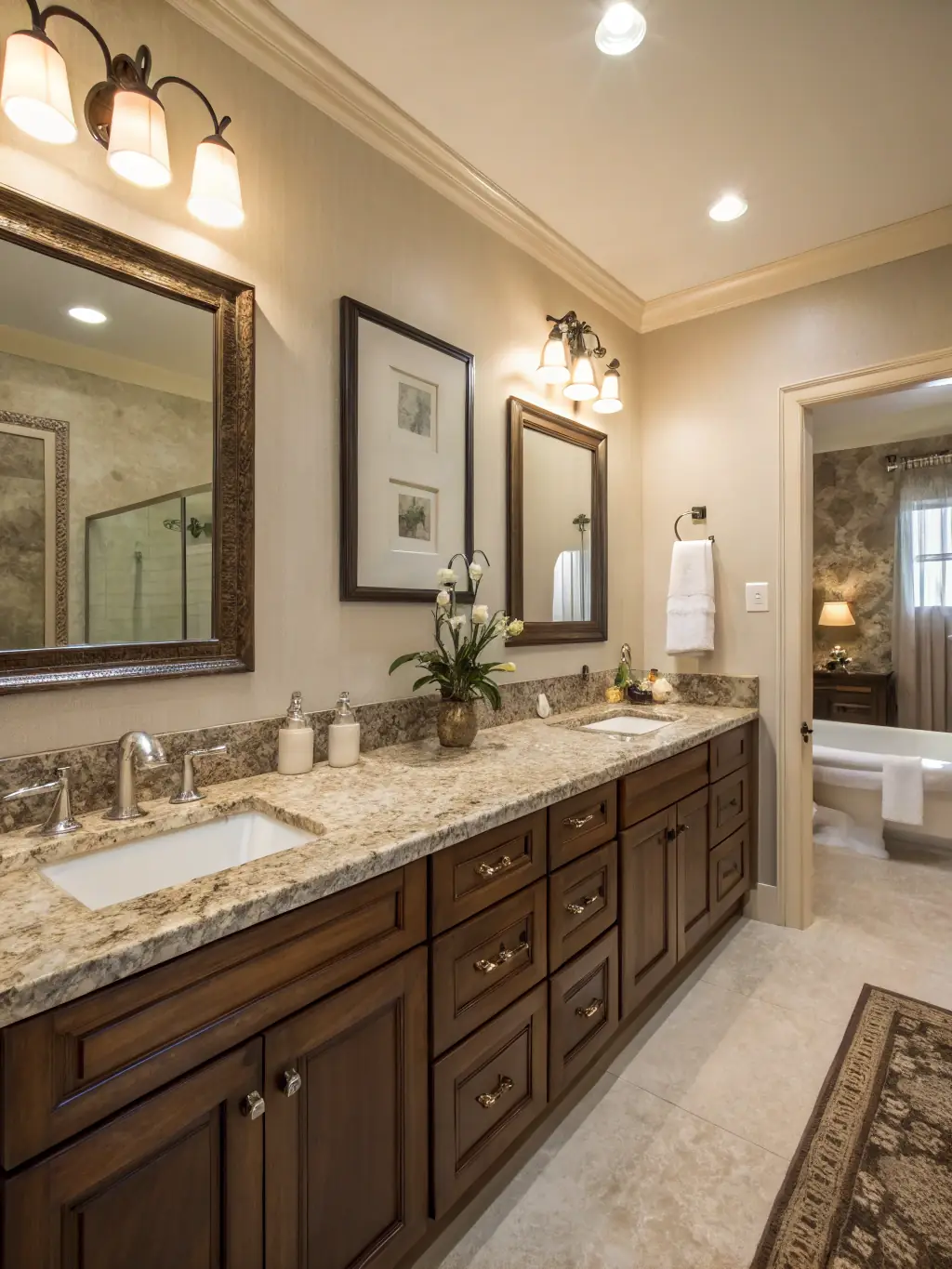 A granite countertop showcasing its natural patterns in a modern bathroom.