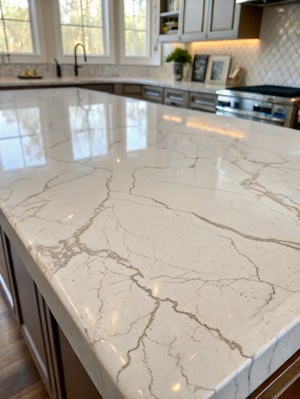 A sleek quartz countertop in a bright bathroom setting.
